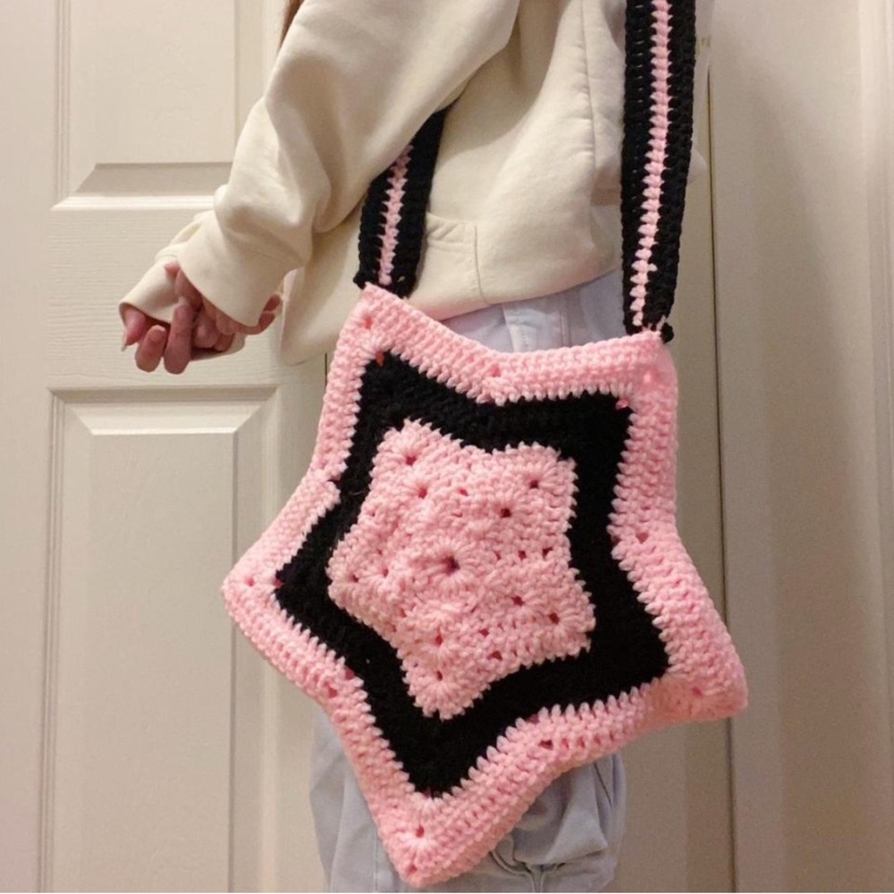 Handmade Pink and Black Star Crochet Crossbody Bag